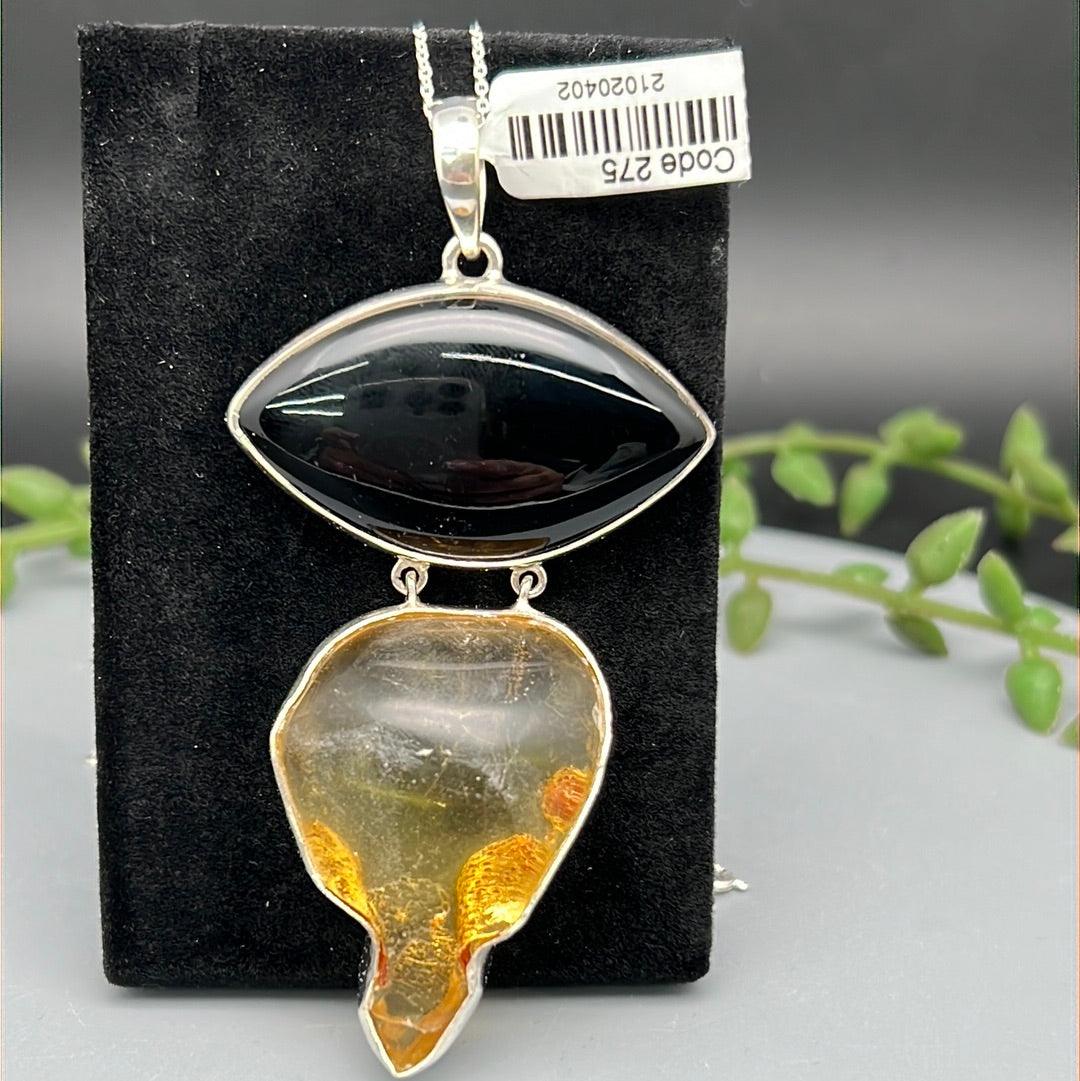 Amber and Black Onyx SS Pendant - Natural Collective LLC